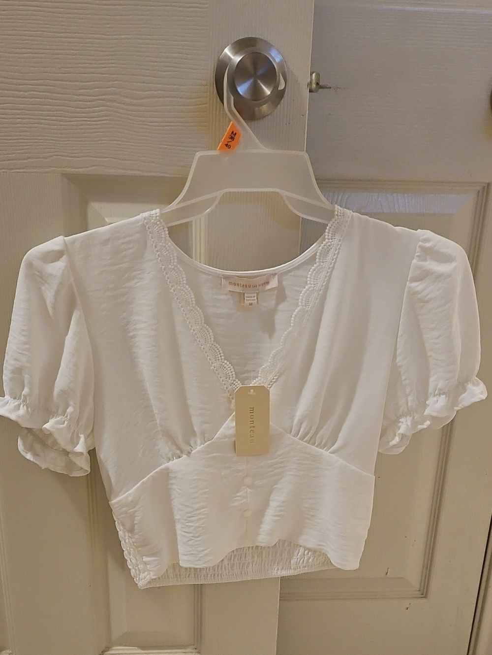 Monteau White Lace-Trim Puff Sleeve Crop Top